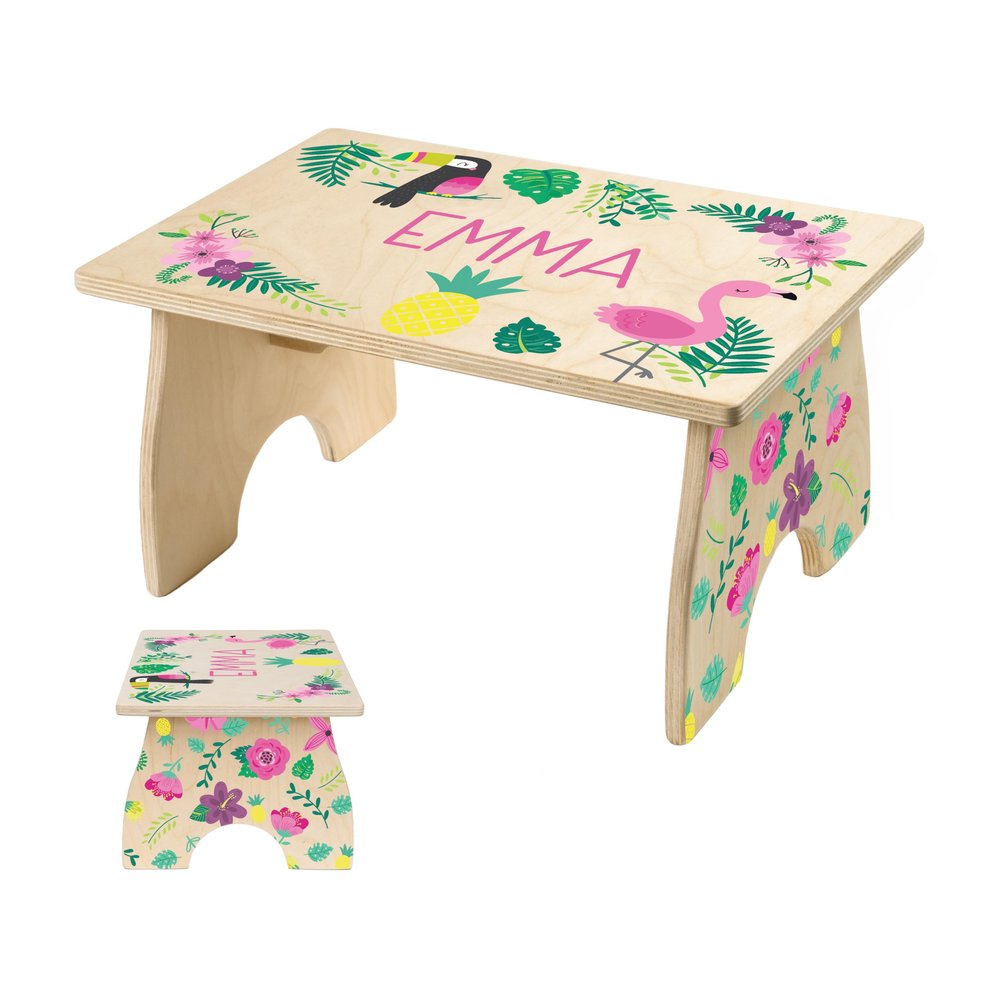 Step Stool for Toddlers- Personalized Wood Kids Step Stool with Name for Kitchen Sink, Bathroom, Potty Training, Toilet, Kitchen Sink- Sturdy and Safe- Made in USA by BloomOwl (Tropical Girl)