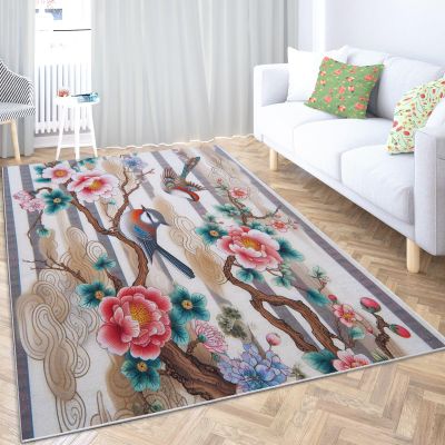 4 x 6 ft Washable Area Rugs for Living Room, Soft Chinese Flower Bird Print Large Bedroom Rug, Colorful Low Pile Non-Slip Throw Carpet for Bedroom Dining Room Home