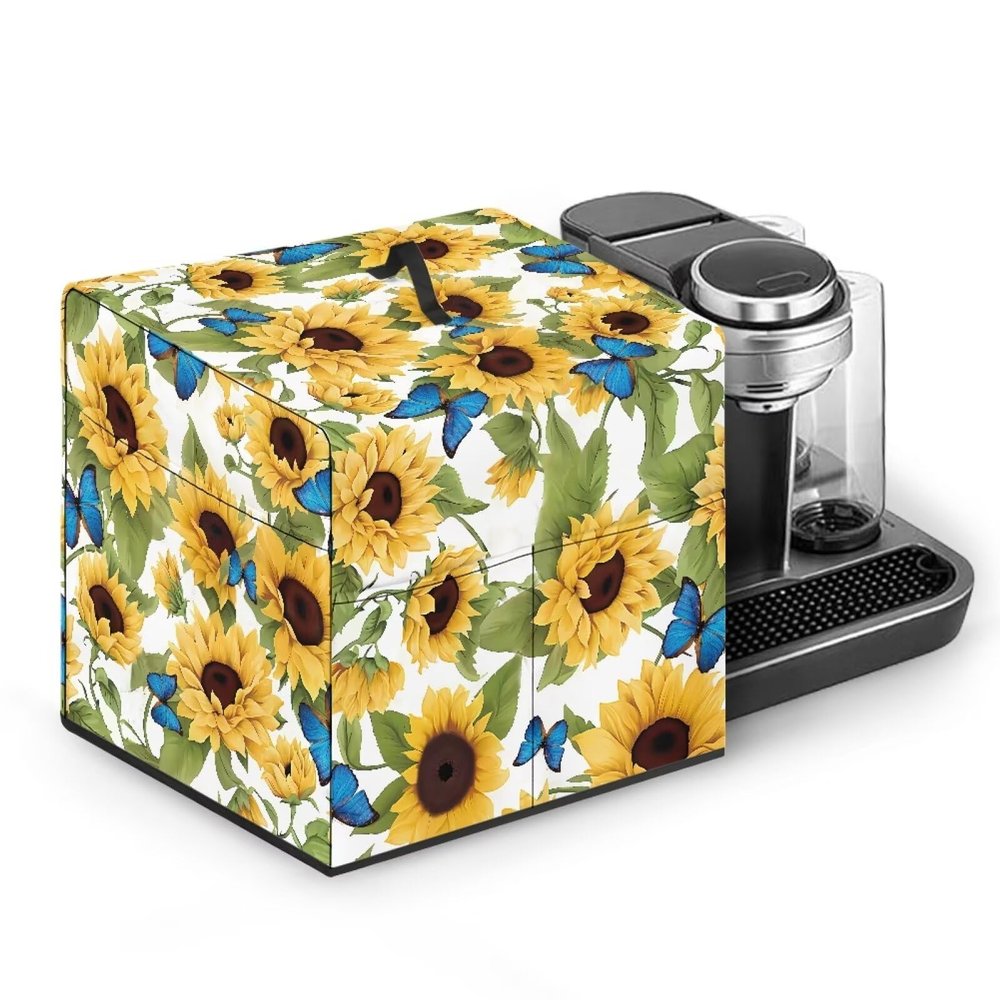 Hudotybom Cocktail Machine Cover Butterfly Sunflower Cocktail Maker Dust Cover Protector Kitchen Appliance Cover with Multi Pockets and Handle for Store Cocktail Capsules and Accessories