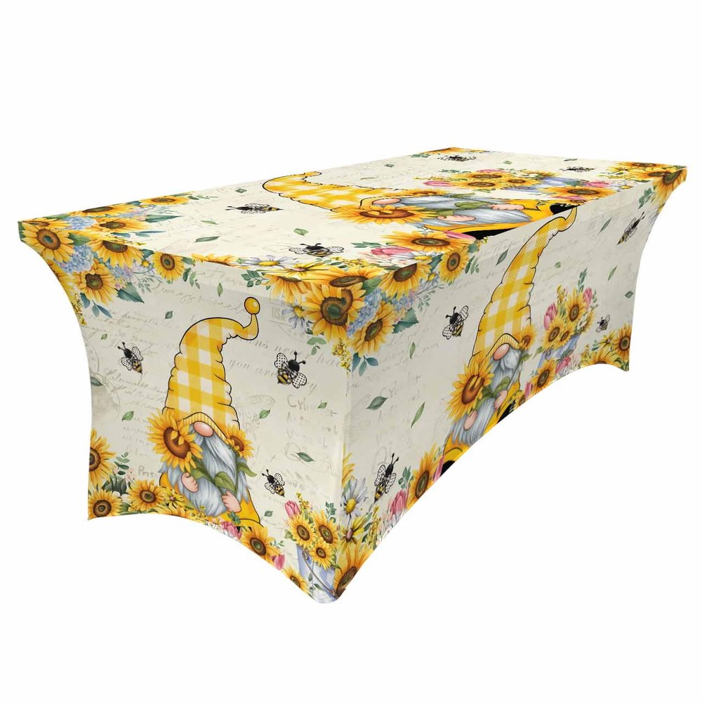 sunflower 8FT Spandex Tablecloth for Rectangular Table Washable Stretch Fitted Table Cover 8ft Vintage American Country Farmhouse Gnome with Sunflowers Bee Table Cloth for Party, Wedding, Banquet