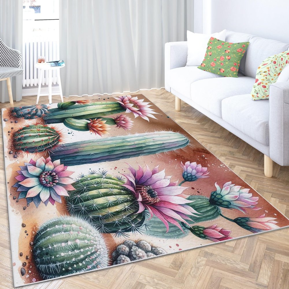 Machine Washable Rug 3x5, Plant Cactus Flower Green Washable Area Rugs with Non Slip Rugs for Living Room Bedroom Rug Carpet Stain Resistant, Home Decor Office Rug