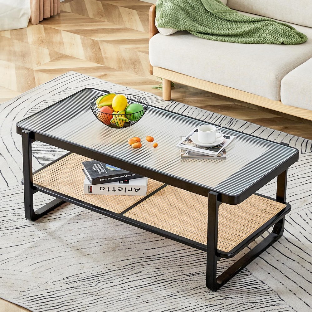 Artistical Glass Coffee Table with Solid Wood Frame and Faux Rattan Storage,Sophisticated Boho Style Central Cocktail Table,Imitation Rattan Sofa Side Table for Living Room,Guest Room and Office