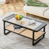 Artistical Glass Coffee Table with Solid Wood Frame and Faux Rattan Storage,Sophisticated Boho Style Central Cocktail Table,Imitation Rattan Sofa Side Table for Living Room,Guest Room and Office view 1