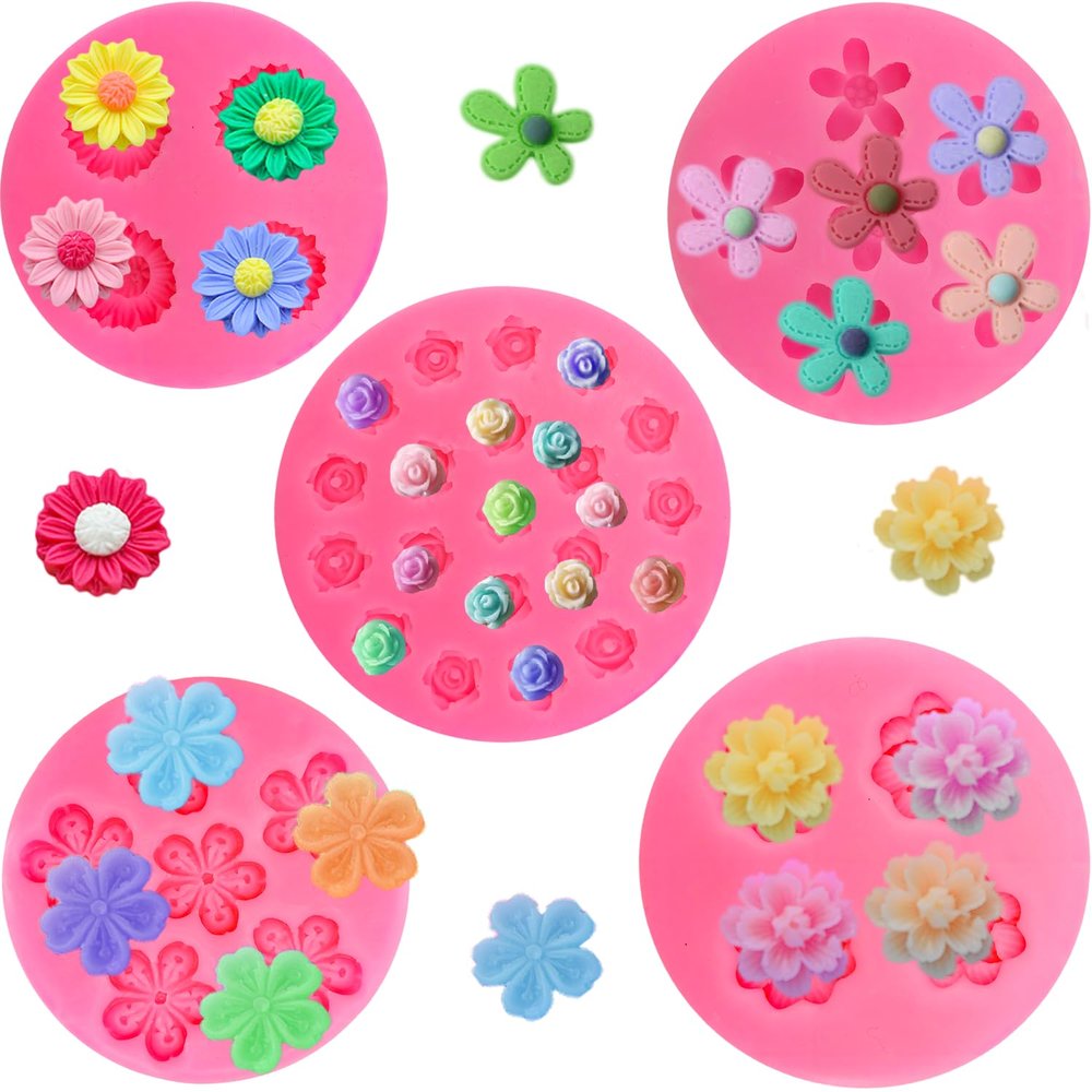 5Pcs Rose Flower Silicone Candy Mold, Mini Daisy Fondant Chocolate Silicone Molds for Cake Decorating, Small Polymer Clay Molds Resin Mold for Baking Soap Ice Cube Wax Melt