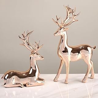 PODSI 2Pcs Rose Sika Statues Deer Couple Figures Reindeer Sculpture, Animal Figurines Elk Home Dcor, Desktop Art Figure, Collectible Crafts Decorations for Living Room Party (Rose)