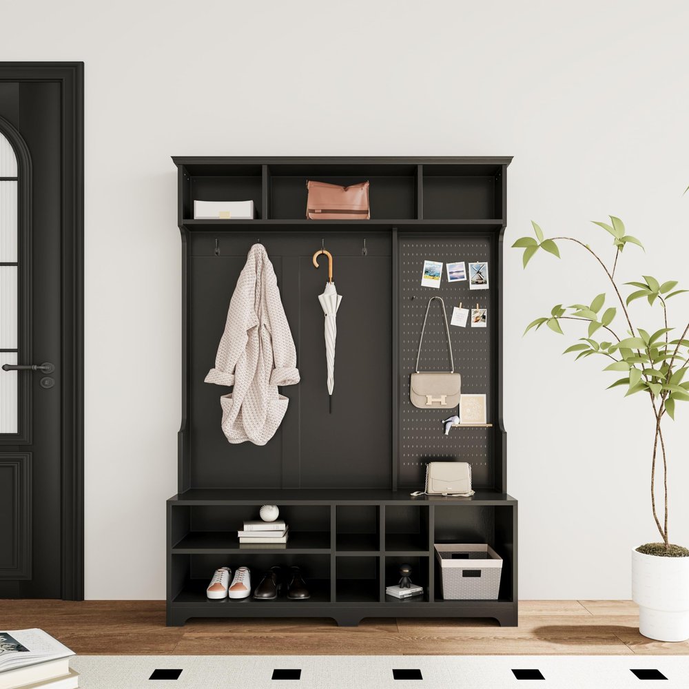 VilroCaz 4-in-1 Wide Hall Tree with Shoe Bench, Coat Rack, Shoe Storage, Storage Shelves and Pegboard, Wood Entryway Coat Hanger for Hallways Halls Living Room (Black-757)