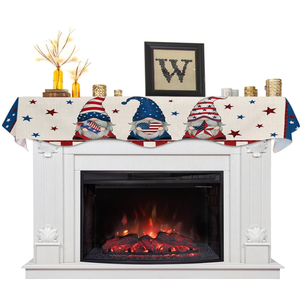 Mantle Scarf 60 x 17 Inch, Independence Day USA Flag Gnome Linen Fireplace Mantel Scarf Mantle Cover Runner for Home Living Room Indoor Holiday Party Decor