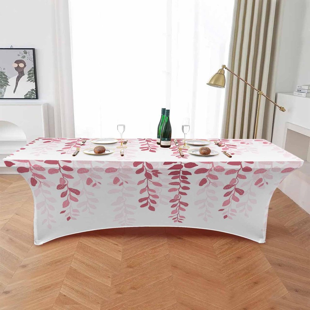 SEVENBABU Leaf 8FT Spandex Tablecloth for Rectangular Table Washable Stretch Fitted Table Cover 8ft American Country Style Plant Leaves Gradient Pink Table Cloth for Party, Wedding, Banquet