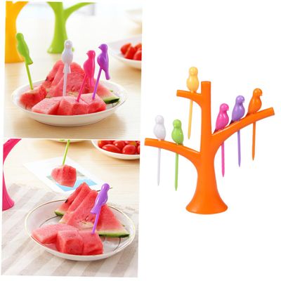 Zerodeko 6pcs Bird Fruit Forks 1pc Tree Base Reusable Plastic Forks for Desserts Easy Cleaning