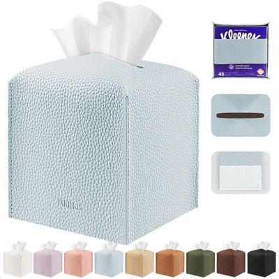 PARIERIS Tissue Box Cover Holder Square Tissue Cube Cover PU Leather Tissue Organizer with Bottom Belt for Bathroom, Tabletop, Car, Night Stands, Office, Home, Kitchen (1, Blue)