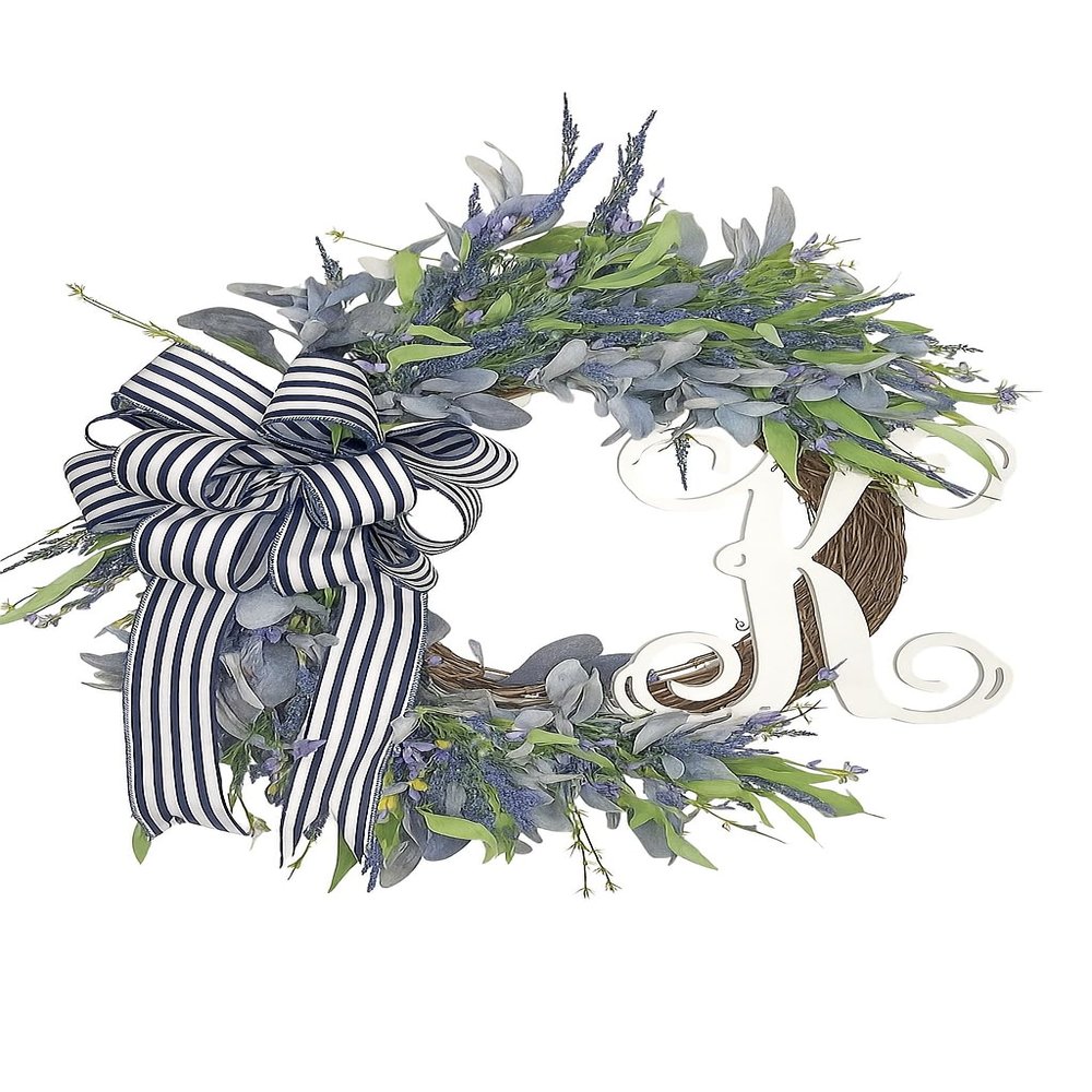 Lavender and Lamb's Ear Monogram Initial Front Door Wreath with Choice of Bow on Grapevine Base-Handmade in the USA