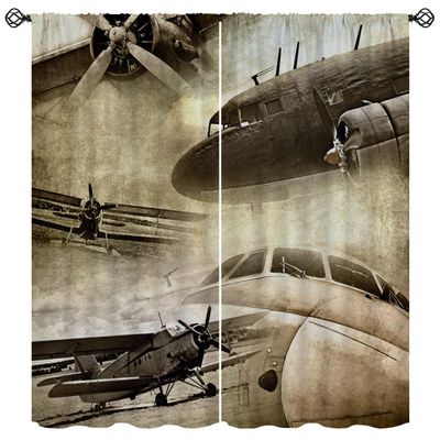 ONINUO Vintage Aircraft Blackout Curtains for Girls Boy Home Decor, Airplane Vintage Bomber Military Rod Pocket Thermal Insulated Drapes Darkening Window Curtain for Bedroom Living Room, 55 x 63 Inch
