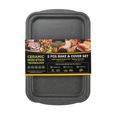 casaWare Ceramic Coated Non-Stick 2pc Bake & Cover Set Ultimate Commercial Weight, 15x10x3-inch Deep Lasagna/Roaster Pan and 14x9.5x3/4-inch Cookie Sheet/Baking Cover Pan with Handles (Silver Granite)