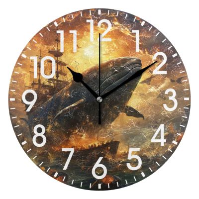 ALAZA Home Decor Whale Sunset Ship Round Acrylic 9.84 Inch Wall Clock Non Ticking Silent Clock Art for Living Room Kitchen Bedroom