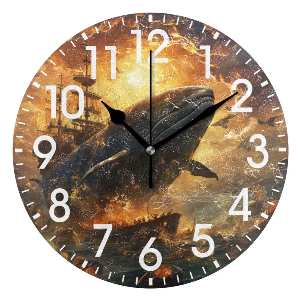 ALAZA Home Decor Whale Sunset Ship Round Acrylic 9.84 Inch Wall Clock Non Ticking Silent Clock Art for Living Room Kitchen Bedroom