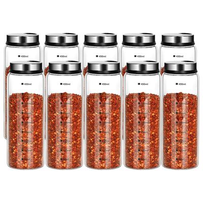 15 oz Salt and Pepper Shakers Set with Adjustable Outlet Holes Clear Glass Bottles Spice Seasoning Cans Jar for Kitchen Decor and Home Restaurant BBQ Camping Farmhouse(10 Pcs, 450 ML)