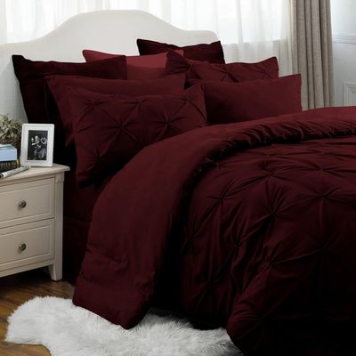 Wine RV-Short-Queen Comforter Set - 7 Piece Pinch Pleated Bed in a Bag - 600 Thread Count 100% Egyptian Cotton Bedding Set - (20 inch Deep Pocket Sheet Set and 500GSM Comforter) - 60"X75" Bed