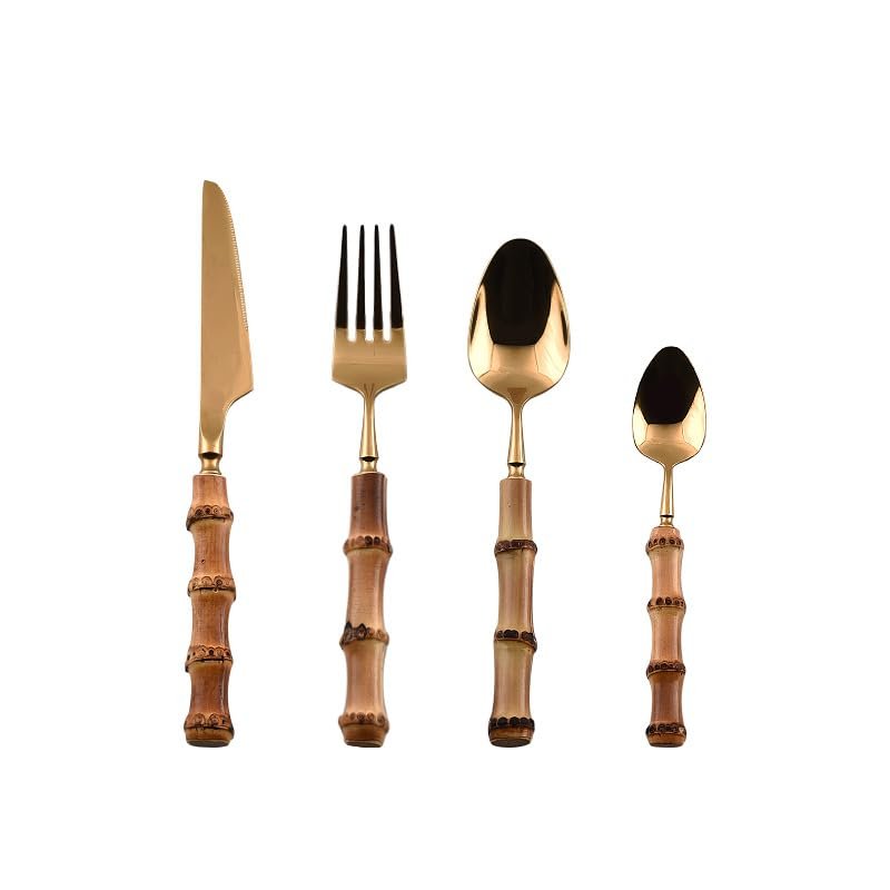 HIDEERPPY Silverware Set, 4/16/24/32 Pieces Of 304 Stainless Steel Tableware Retro Creative Wooden Handle Restaurant Hotel Home Steak Knife, Fork And Spoon Set, Flatware Set (Color : Gold, Size : 1