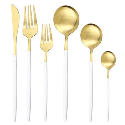 GOODJAYVEN Silverware Flatware Set, 6/24/36/48/60/72 Pieces Stainless Steel Steak Cutlery Set Dessert Cutlery Portuguese Cutlery Set Of Six (Color : White Gold, Size : 1Set-6Pcs)