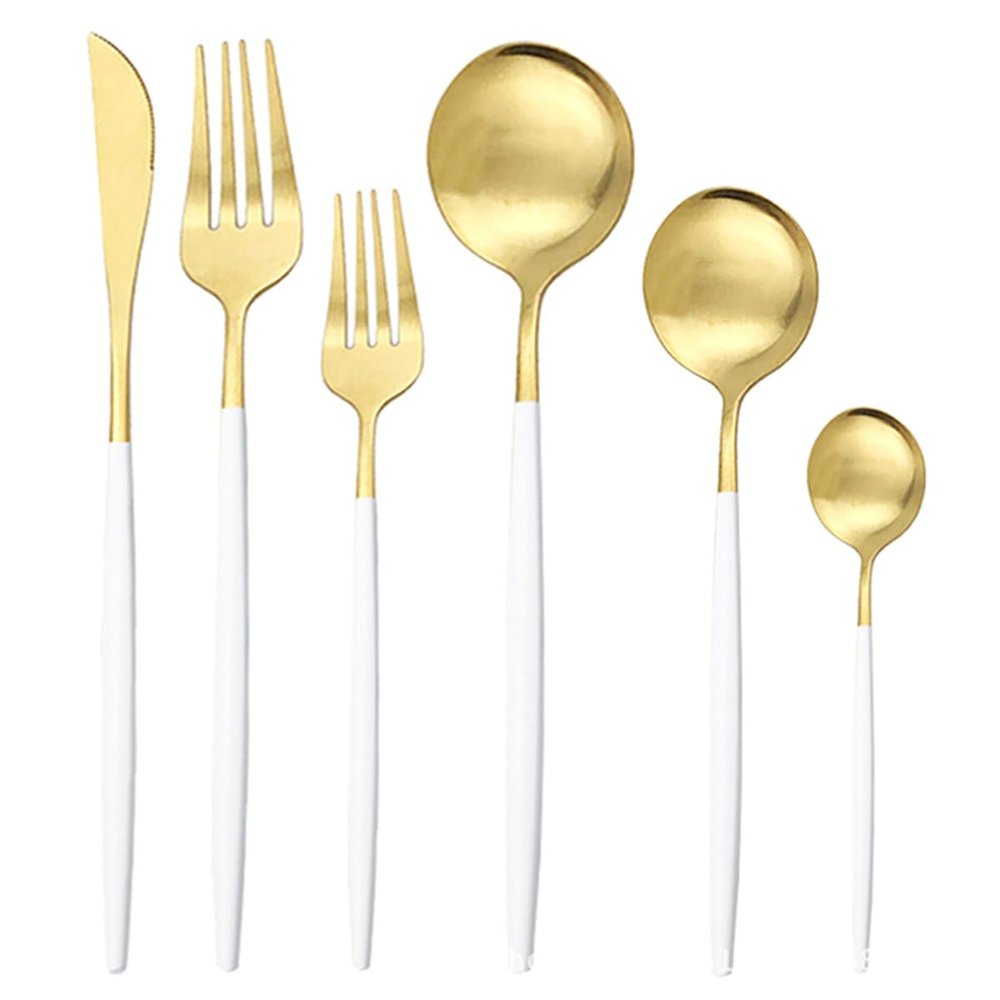 GOODJAYVEN Silverware Flatware Set, 6/24/36/48/60/72 Pieces Stainless Steel Steak Cutlery Set Dessert Cutlery Portuguese Cutlery Set Of Six (Color : White Gold, Size : 1Set-6Pcs)