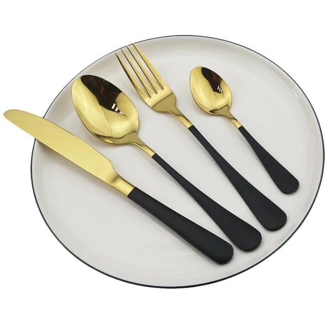GOODJAYVEN Silverware Flatware Set, 4/16/24/32/40/48 Pieces Black Gold Stainless Steel Cutlery Set Steak Knife, Fork And Spoon Tableware (Color : Black Gold, Size : 10Set-40Pcs)