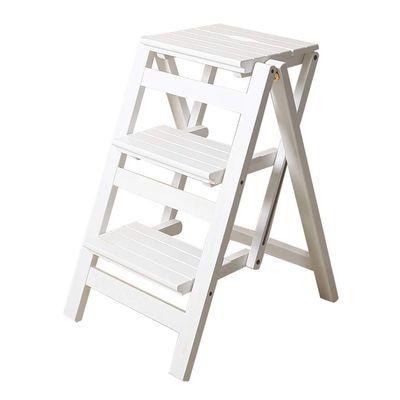 Folding Ladder Chair Household Wooden Ladder Stool 3 Steps Tread Kitchen Step Stool Multifunction Foldable Steps-Ladder Office Library Moveable, White