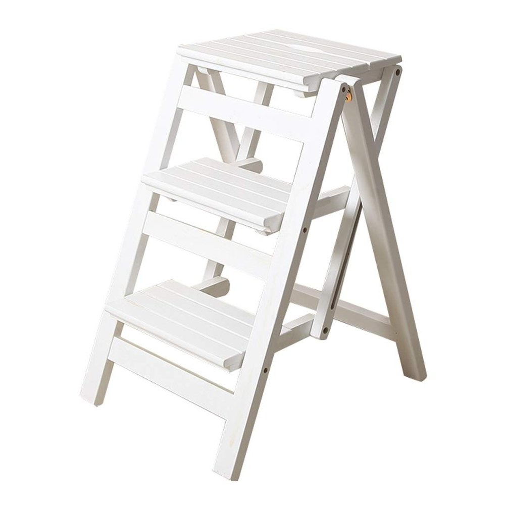 Folding Ladder Chair Household Wooden Ladder Stool 3 Steps Tread Kitchen Step Stool Multifunction Foldable Steps-Ladder Office Library Moveable, White