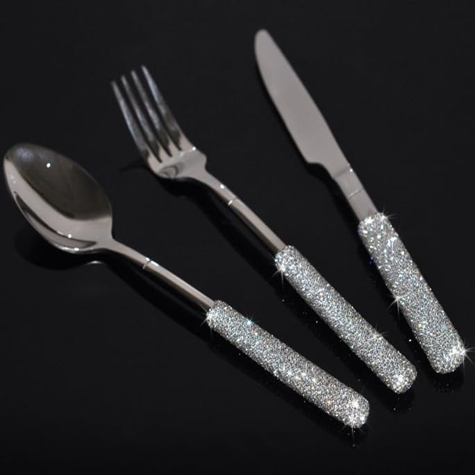 Bestbling 3 Pcs Bling Silverware Cutlery Set Rhinestone Crystal Stainless Steel Kitchenware Dinnerware Utensils, Spoon, Knife, Fork SET for Birthday Bridal Party Gift (Silver)