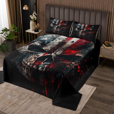 Western Skeleton Skull Kids Bedspread Twin Size,Tie-dye Ink American Flag Coverlet Set,Boys Men Room Decor,Geometric Splicing Striped Quilted Coverlet,Black Trippy Bedding Quilt,1 Pillowcase