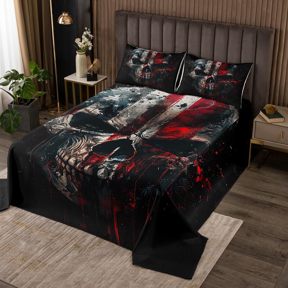 Western Skeleton Skull Kids Bedspread Twin Size,Tie-dye Ink American Flag Coverlet Set,Boys Men Room Decor,Geometric Splicing Striped Quilted Coverlet,Black Trippy Bedding Quilt,1 Pillowcase