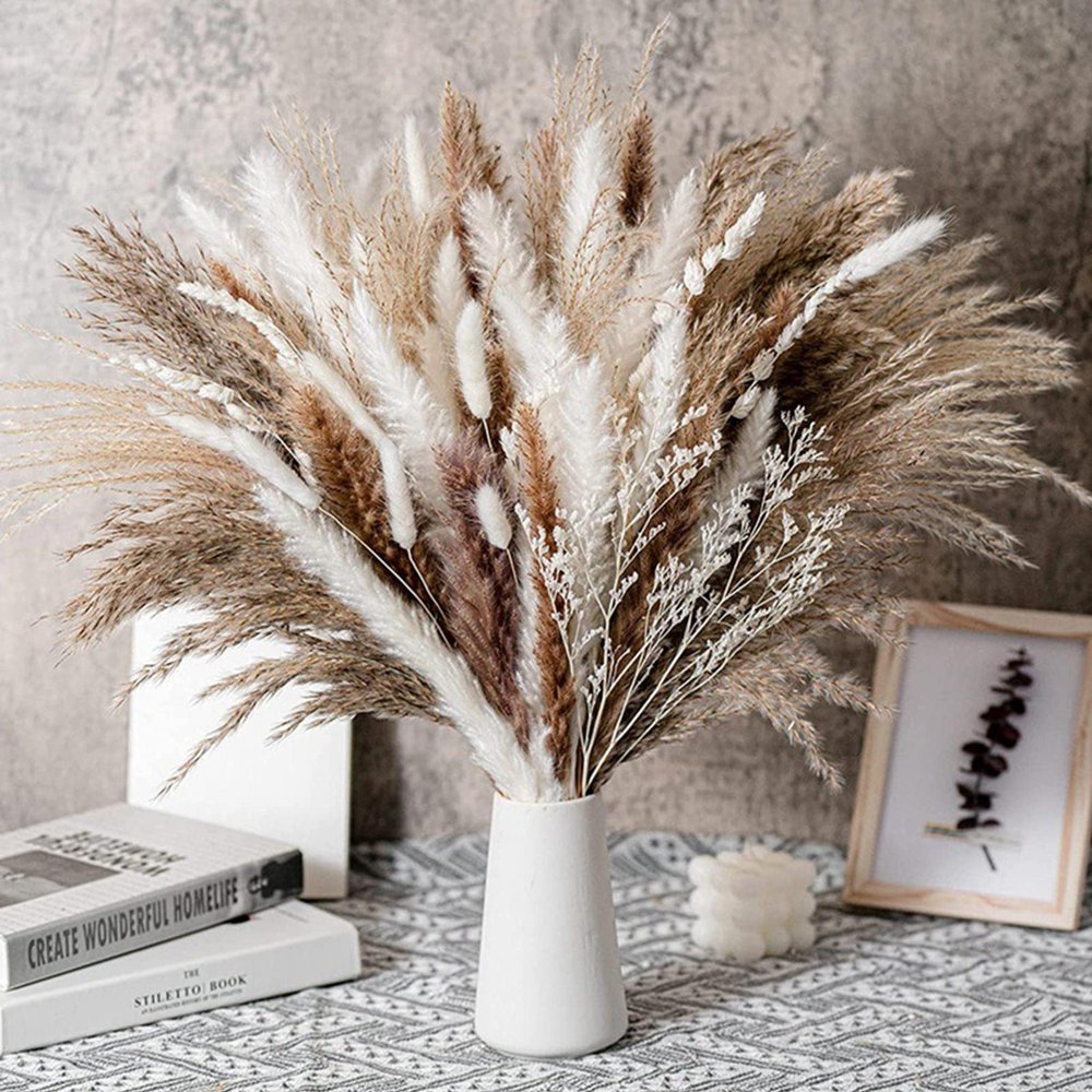 50 Stems 17" Real Pampas Dried Decor Grass for Vase, Natural PussyWillows with Flowers, Snow Willow Branches for Indoor and Outdoor Decor, Wedding Home Party Hotel Fireplace Yard (White)
