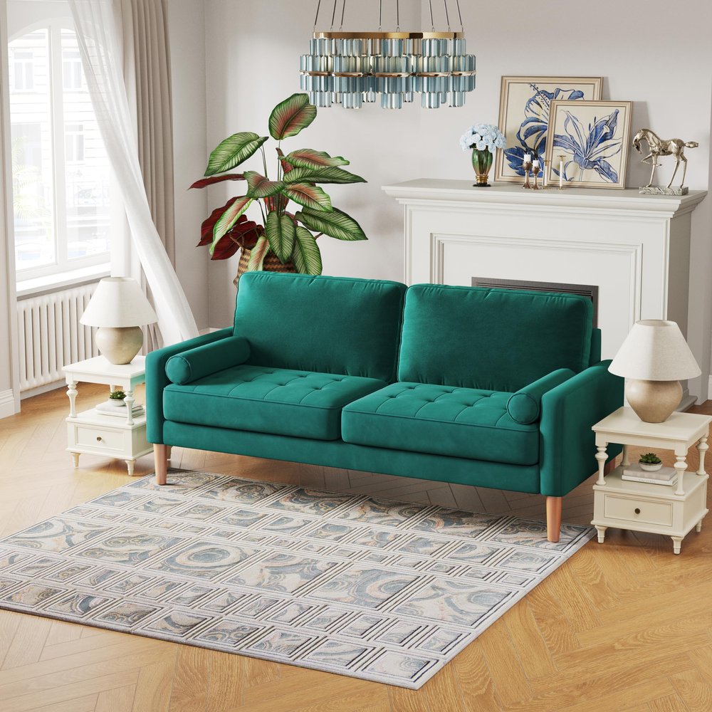 67.7'' Loveseat Sofa, Modern 3 Seater Sofa Couch with 2 Bolster Pillows and Tufted Seat Cushion, Futon Sofa Bed Velvet Sofa with Wooden Legs, Track Armrest for Living Room,Bedroom, Apartment (Green)