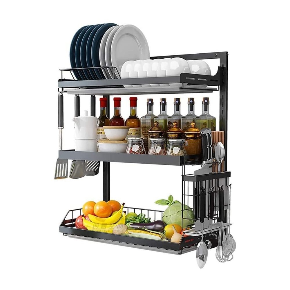 WXHJRM Dish Drying Rack 3 Tier Over The Sink Dish Drying Hanging Large Orgainzer Rack Dish Dryer Rack Wall Mount Dish Drainer Stainless Steel Kitchen Plate Bowl Spice Storage Shelf (Color : Black)