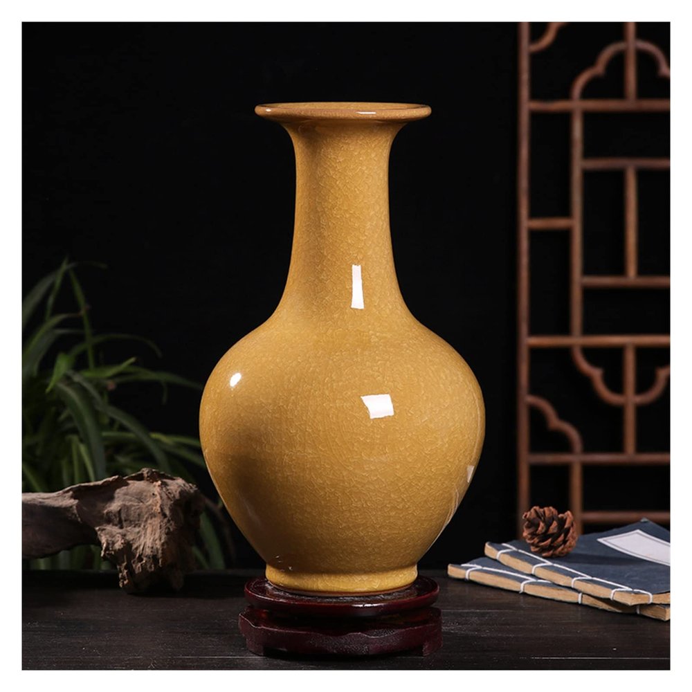 EliteBloom Jingdezhen Ceramic Antique Official Kiln Ziyu Piece Yellow Handicraft Decoration Vase (of Crackle Jade)