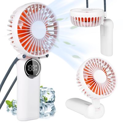 LtYioe Portable Handheld Fan, Mini Desk Fan Rechargeable with LED Display, 180 Foldable Personal Fan with Lanyard as Neck Fan, Strong Wind and 6 Speed for Travel Makeup Eyelash Beach Outdoor(White)
