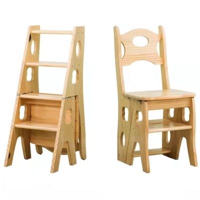 Wooden 4 Step Ladder Chair, Conversion Foldable Library Step Ladder Chair Flower Rack Step Ladder Rack Natural Wood Color