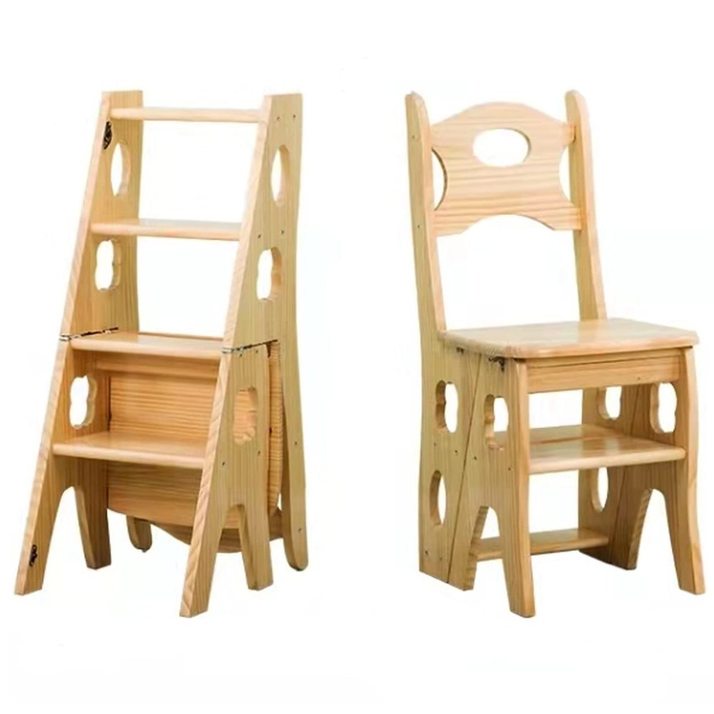 Wooden 4 Step Ladder Chair, Conversion Foldable Library Step Ladder Chair Flower Rack Step Ladder Rack Natural Wood Color