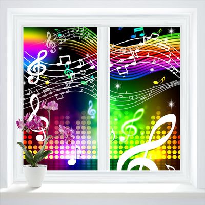 Cool Musical Theme Notes Window Clings,Abstract Modern Rainbow Colorful Music Neon Design Kitchen Window Film Window Stickers-35.4W x78.7L in x2Pcs