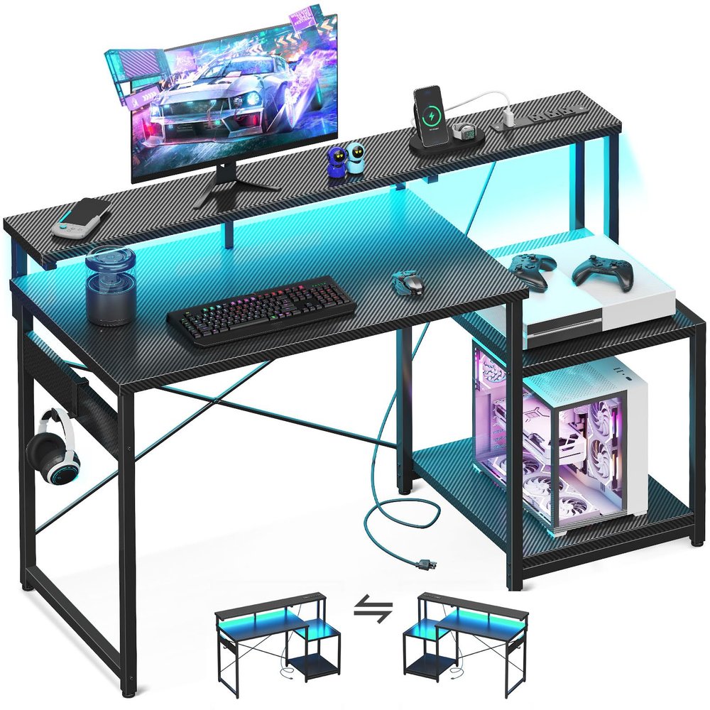AODK Computer Desk, 48 Inch Gaming Desk with Led Lights & Power Outlet, Office Desk with Storage Shelves, Reversible Desk with Monitor Shelf & Headphone Hook, Carbon Fiber Black