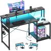 AODK Computer Desk, 48 Inch Gaming Desk with Led Lights & Power Outlet, Office Desk with Storage Shelves, Reversible Desk with Monitor Shelf & Headphone Hook, Carbon Fiber Black view 1