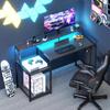 AODK Computer Desk, 48 Inch Gaming Desk with Led Lights & Power Outlet, Office Desk with Storage Shelves, Reversible Desk with Monitor Shelf & Headphone Hook, Carbon Fiber Black view 2