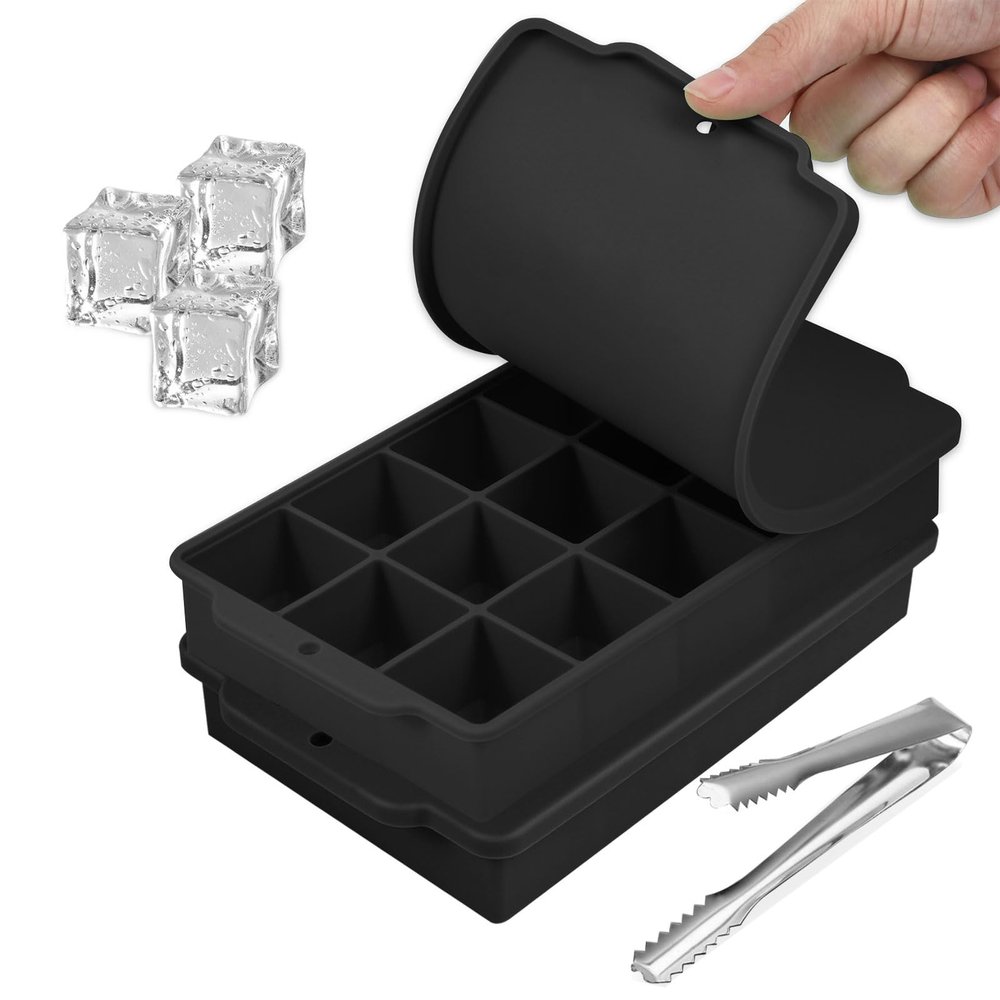 2 Pcs Ice Cube Tray, Silicone Ice Tray, 15 Ice Cube Molds with Lids, Stackable Ice Cube Molds for Chilling Drinks, Whiskeys, Cocktails (Black)