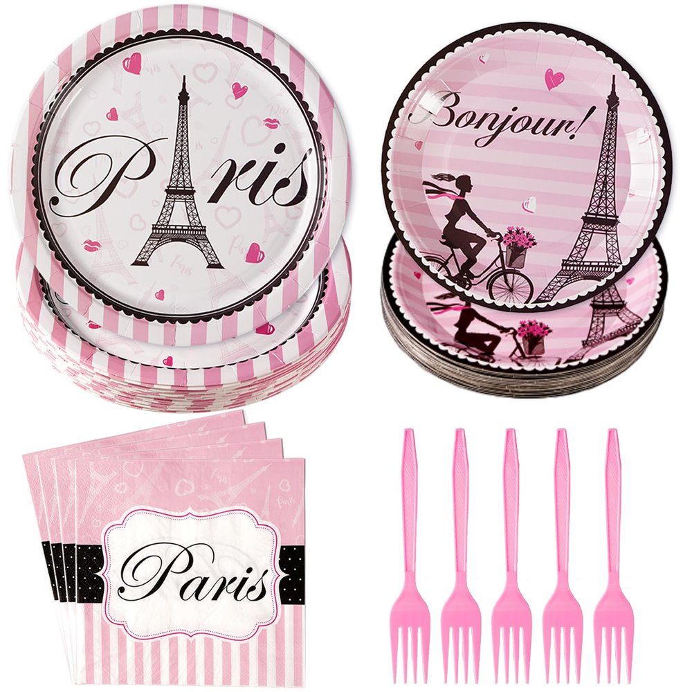 Grencian 96Pcs Paris Party Decorations Eiffel Tower Plates and Napkins Disposable Pink Bonjour Decorations for Valentine's Day Paris Themed Bridal Shower Weddings Birthday Party Supplies Serve 24
