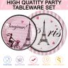 Grencian 96Pcs Paris Party Decorations Eiffel Tower Plates and Napkins Disposable Pink Bonjour Decorations for Valentine's Day Paris Themed Bridal Shower Weddings Birthday Party Supplies Serve 24 view 2
