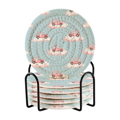 ALAZA Car Cloud 6 Pcs Drink Coasters with Holder Absorbent Round Woven Coaster Set for Home Decor Bar Tabletop Cups