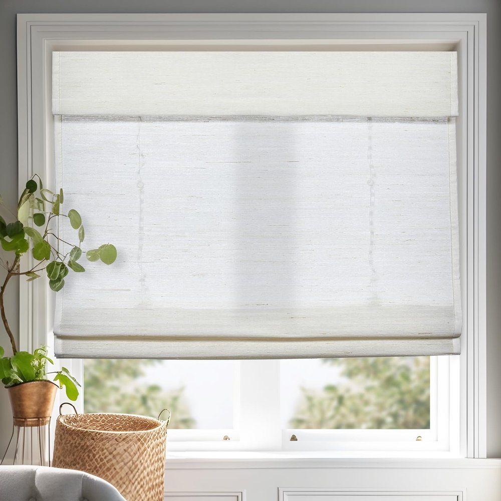 Persilux Cordless Roman Shades for Windows, Linen Natural Fabric Window Blinds, Privacy Roman Blinds for Windows Shades for Home Kitchen Door, White(Privacy Liner,Block 60%-80% Light), 43" W X 48" H