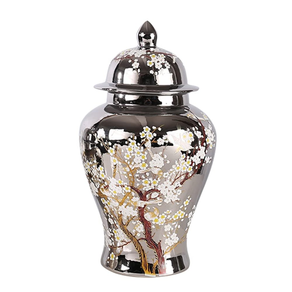 Ceramic Vases Silver Ginger Jars With Lid For Home Decor Tree Pattern, Porcelain Temple Jar Organizer Flowerpot Desktop Display Decoration For Wedding Ceremony Bedro S (Silver L) (Silver M)