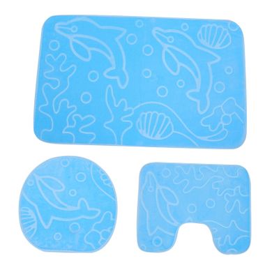 Amosfun 3pcs Boys and Girls Cartoon Bath Rugs Set Skid-Resistant Floor Mat Toilet Seat Cover Taupe Bathroom Accessories Eco-Friendly Polyester