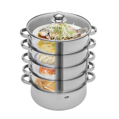 Kathring Stainless Steel Steamer Glass Lid, 5-Layer Cooking Steamer Set, Overlapping Design, 28cm /11 Inch, Suitable for Induction Cooktops, Electric Cooktops, Gas Cooktops