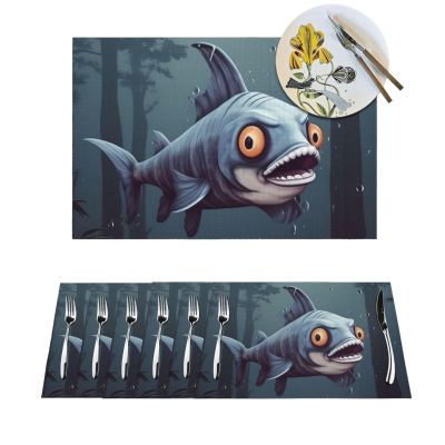 Placemats Heat Resistant Table Mats Funny Fish Design Print Place Pads Set Washable Non-Slip PVC Woven Place Mats for Home Kitchen Weddings Holiday Party Decor 18 X 12 in 6 PCS